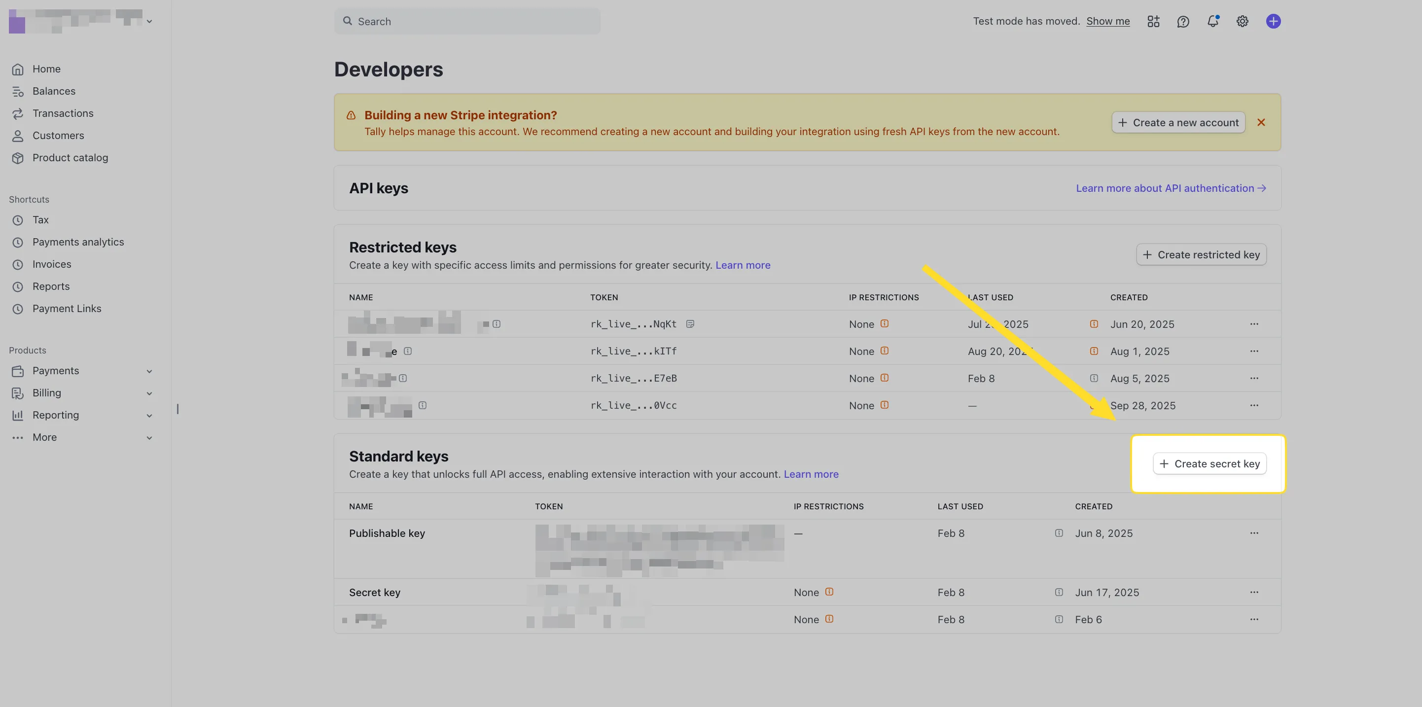Stripe Dashboard Developers page showing API keys section with restricted keys and the Create secret key button highlighted